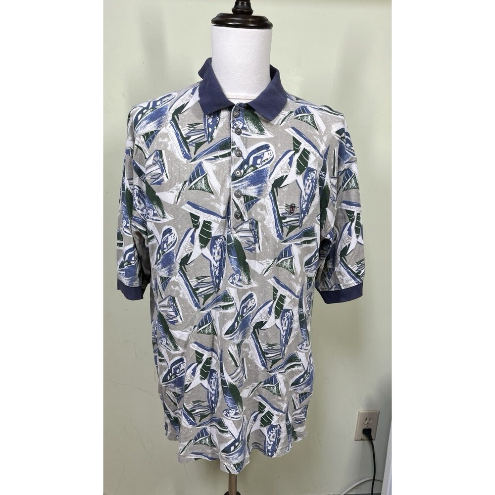 Vintage Siegfried Mens Sz L Sailboat Print Short Sleeve Polo Yacht AOP Nautical